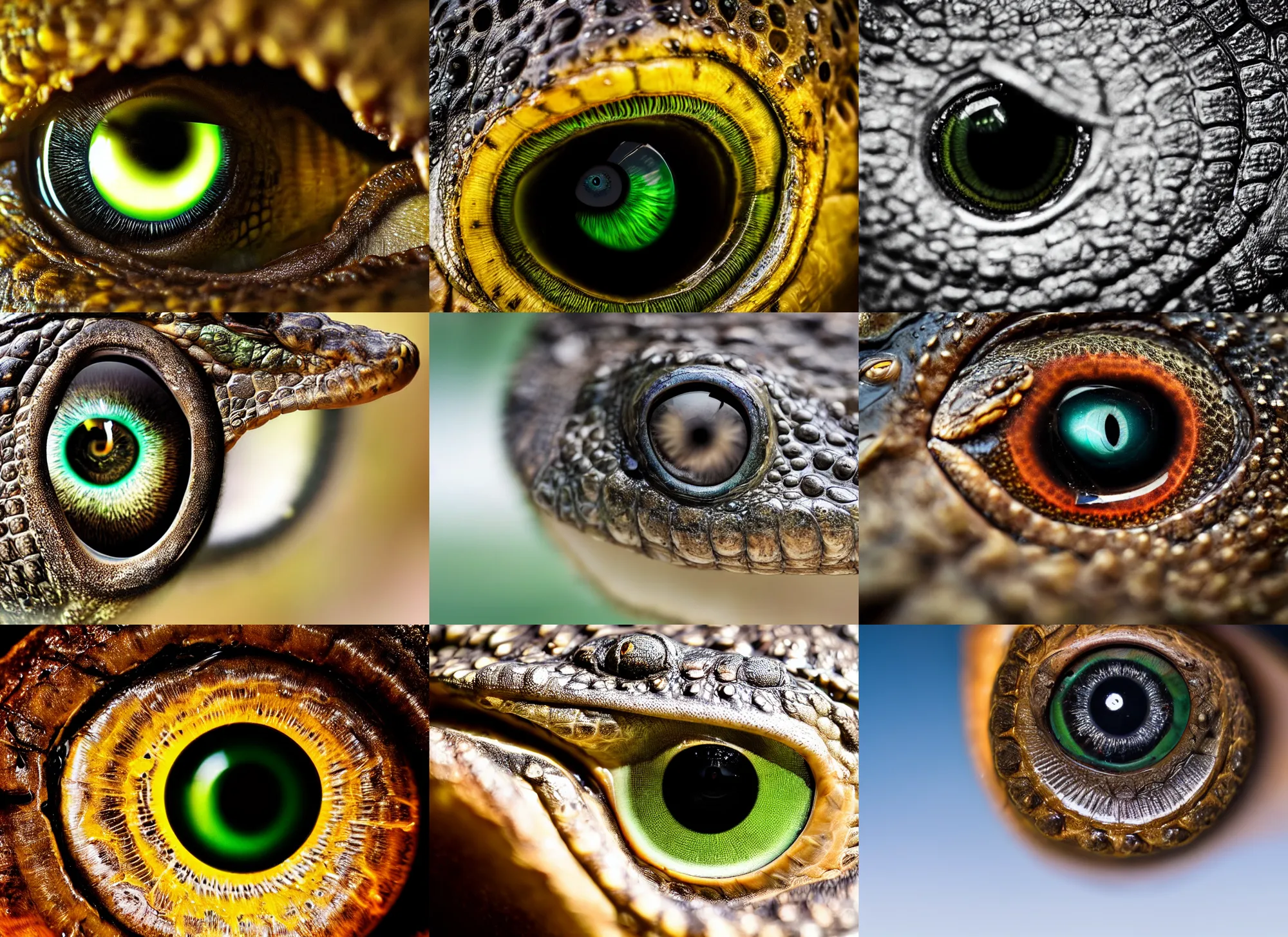 Prompt: macro photography of a crocodile eye spiraling into the end of time