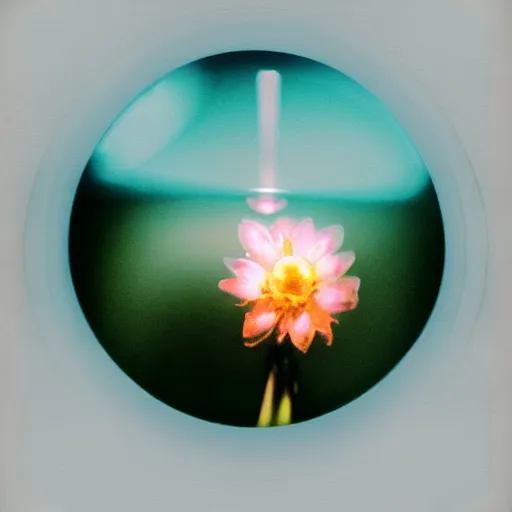 Image similar to a glowing lightbulb, a flower inside, polaroid photo, surreal,