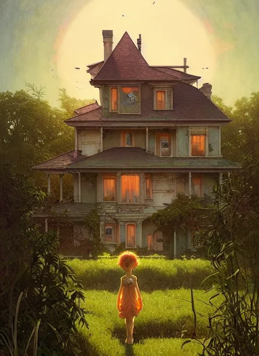 Image similar to a hyper realistic house on a hill distant explosions, gorgeous lighting, lush foliage, painting by chiara bautista and tom bagshaw, mucha, beksinski and norman rockwell and greg rutkowski weta studio, and lucasfilm