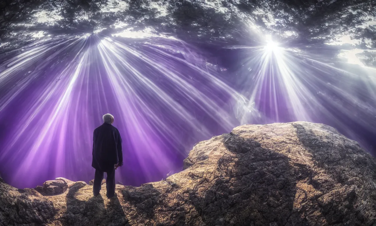 Prompt: a photo of an old man in purple god rays looking sad with a zoomed in fish eye, ultra wide lens, photorealistic, 4 k, 8 k, ultra hd.