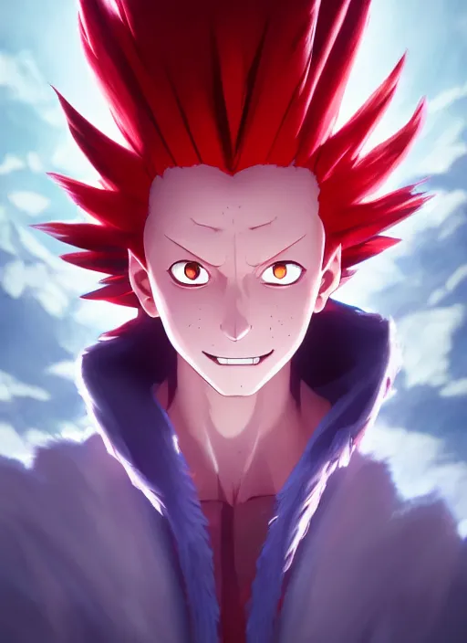 Image similar to portrait of hisoka from hunter x hunter, medium - length red hair, studio ghibli pixar and disney animation sharp unreal engine 5, anime key art by greg rutkowski, bloom, dramatic lighting