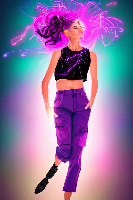 Image similar to a award winning half body portrait of a beautiful woman in a croptop and cargo pants with ombre purple pink teal hairstyle with head in motion and hair flying, surrounded by whirling illuminated lines, outrun, vaporware, shaded flat illustration, digital art, trending on artstation, highly detailed, fine detail, intricate