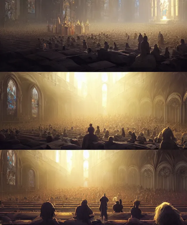 Image similar to fantasy movie scene craig mullins and ghibli and james gurney digital matte painting of a crowd in a futuristic church, strong contrast, priest, pews, ethereal, inviting, bright, raking light, unreal engine, hyper realism, realistic shading, cinematic composition, blender render, octane render, hdr, detailed textures, photorealistic, wide shot