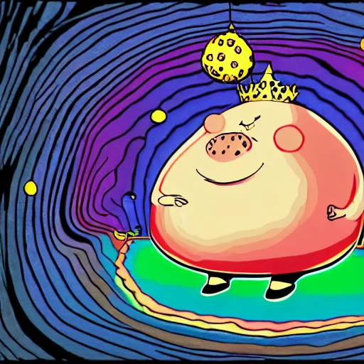 Image similar to trippy comic art of a obese pig wearing a gold crown throwing tan paper balls into the air, drawn by Martin Rowson, Tim Burton, Studio Ghibli, Alex Pardee, Nekro Petros Afshar, James McDermott, colors by lisa frank, unstirred paint, vivid color, cgsociety 4K