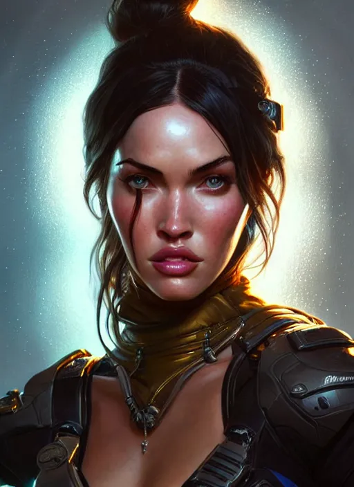 Image similar to portrait of apex legends megan fox, intricate, elegant, glowing lights, highly detailed, digital painting, artstation, glamor pose, concept art, smooth, sharp focus, illustration, art by artgerm and greg rutkowski, artey freytag