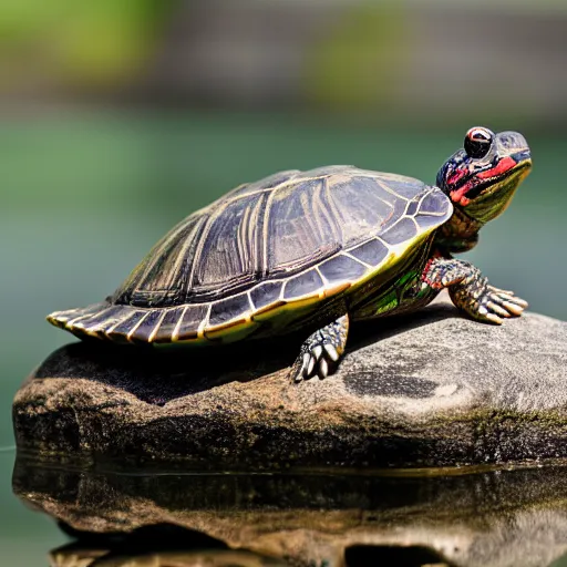 Image similar to red eared slider turtle basking on top of a stone, Cinematic shot, natural lighting, Ray tracing reflection,