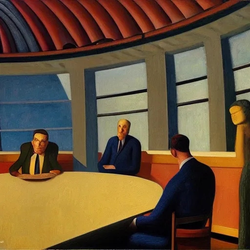 Image similar to a meeting of the robotic leaders in the capital dome, ( ( ( grant wood ) ) ), pj crook, ( ( ( edward hopper ) ) ), oil on canvas