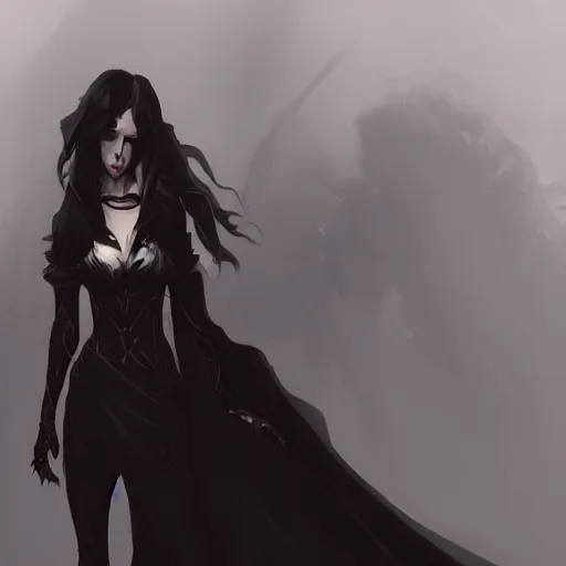 Image similar to female human vampire witch in the style of greg rutkowski, makoto shinkai, trending on artstation, character design, concept art, pretty face, highly detailed, long black hair, portrait, digital art