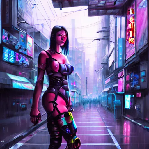 Prompt: An epic comic hyperrealistic painting of a cyber warrior girl, attractive, faces and details painted by WLOP, cyberpunk style color, heavy rainning at tokyo street night, neon lights all around, Matte painting, smoke, cinematic lighting, corona render, arnold render, movie concept art, 8k, RPG portrait, Concept world, rim lights, phtotrealistic, hdri