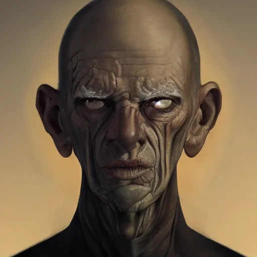 Prompt: closeup portrait of a man with bulging unblinking eyes, shrivelled neck with strange lines, wide mouth with thick lips, flat nose, tiny ears, squamous grayish skin, constant alopecia, creepy, dramatic light, painted by stanley lau, painted by greg rutkowski, painted by stanley artgerm, digital art, trending on artstation