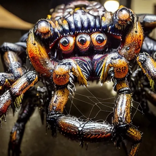 Image similar to photo taken of an epic intricate, ultra detailed, super realistic gritty, hero prop, exquisitely painted animatronic movie prop of a wet slimy grotesque nightmarish hellish arachnoid creature displayed in the workshop, created by weta workshop, full body shot, photorealistic, sharp focus