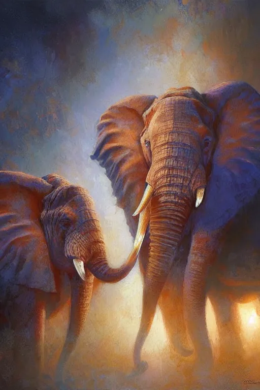 Prompt: spiritual twin flame elephant art, dusk hue, highly detailed, oil painting, by craig mullins