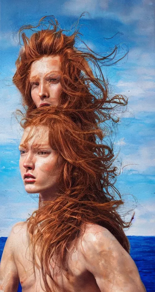 Prompt: hyperrealism oil painting, extreme close-up, portrait of ginger fashion model, very long hair, melted cyborg, ocean pattern mixed with star sky, in style of classicism mixed with 70s japan book art