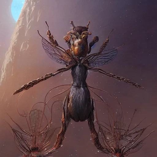 Prompt: A detailed painting of an anthropomorphic ant queen standing on her hind legs with large legs and a pair of insect wings looking forward, stars in the background, formian pathfinder, digital art 4k, Wayne Barlowe Greg Rutkowski