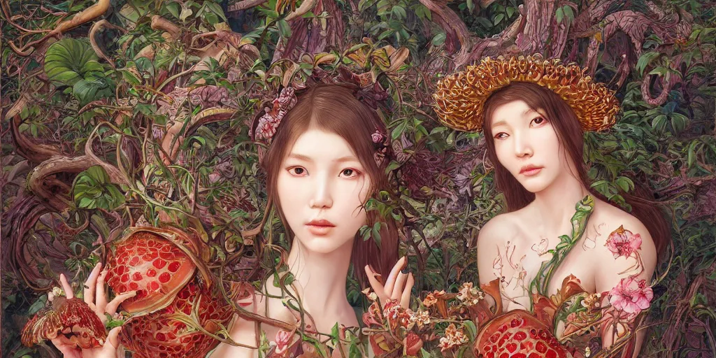 Image similar to breathtaking detailed concept art painting of the goddess of rafflesia arnoldii flowers, orthodox saint, with anxious, piercing eyes, ornate background, amalgamation of leaves and flowers, by Hsiao-Ron Cheng, James jean, Miho Hirano, Hayao Miyazaki, extremely moody lighting, 8K