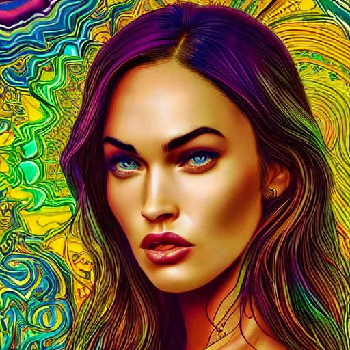 Image similar to an extremely psychedelic portrait of megan fox, surreal, lsd, face, detailed, intricate, elegant, lithe, highly detailed, digital oth, sharp focus, illustration,