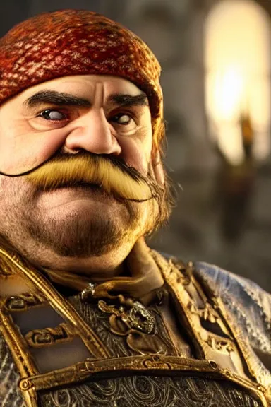 Image similar to very very intricate photorealistic photo of wario wearing his hat in an episode of game of thrones, photo is in focus with detailed atmospheric lighting, award - winning details