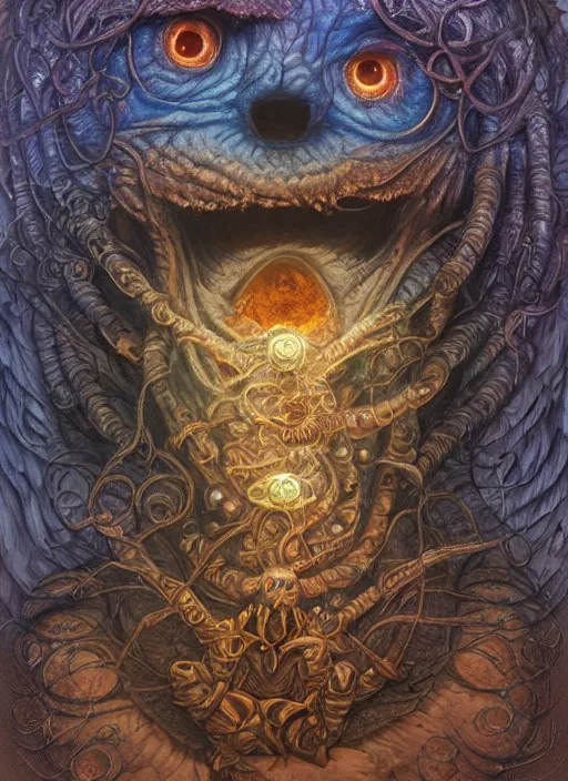 Image similar to cookie monster glowing eyes, shamanic poster lsd art, intricate, elegant, highly detailed, centered, digital painting, artstation, concept art, smooth, sharp focus, illustration, artgerm, tomasz alen kopera, peter mohrbacher, donato giancola, joseph christian leyendecker, wlop, frank frazetta