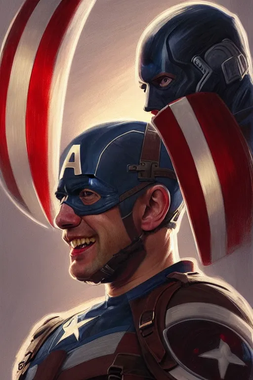 Image similar to Boris Johnson as Captain America, realistic portrait, symmetrical, highly detailed, digital painting, artstation, concept art, smooth, sharp focus, illustration, cinematic lighting, art by artgerm and greg rutkowski and alphonse mucha