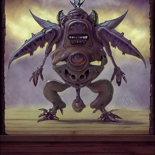 Prompt: bloatfly digimon yugioh creature by shaun tan, style of john kenn mortensen