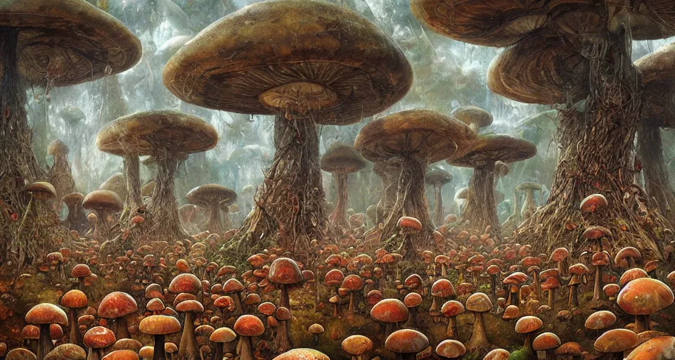 Image similar to A tribal village in a forest of giant mushrooms, by Karol Bak, by Gainax Co,