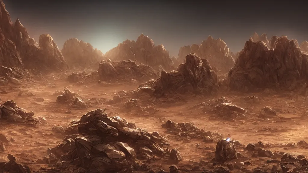 Image similar to a sinister desert planet, desert landscape, corpses, pain, despair, dramatic lighting, cinematic, extremly high detail, photorealistic, cinematic lighting, post processed, concept art, artstation, matte painting, style by greg rutkowsky, by beautiful walt disney animation films of the late 1 9 9 0 s and thomas cole in hd, perfect readability