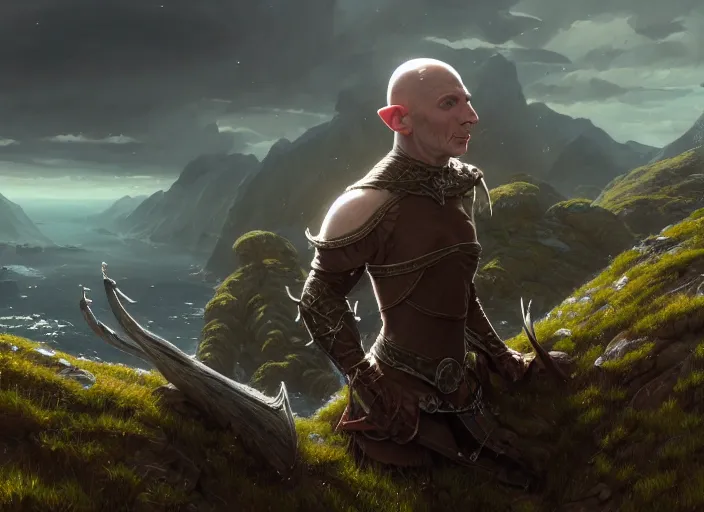 Prompt: highly detailed portrait of dominique mcelligott as a bald elf, in skyrim, stephen bliss, unreal engine, fantasy art by greg rutkowski, loish, rhads, ferdinand knab, makoto shinkai and lois van baarle, ilya kuvshinov, rossdraws, tom bagshaw, global illumination, radiant light, detailed and intricate environment