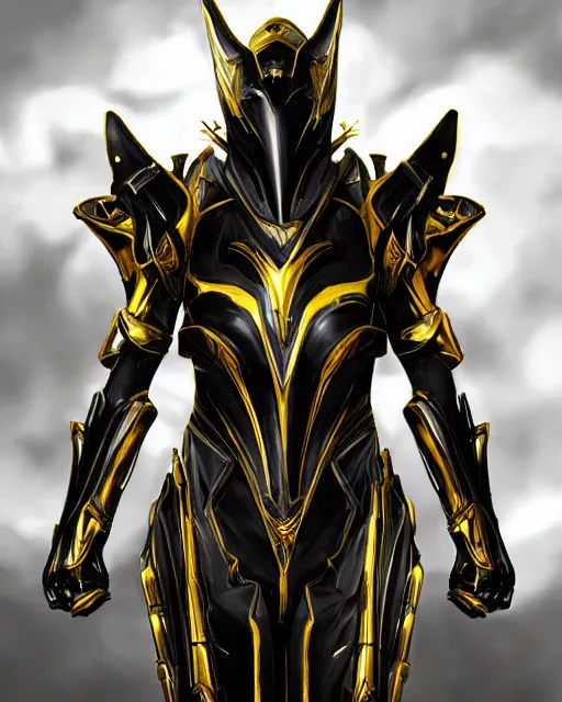 Image similar to black and gold warframe armor cinematic detailed photorealistic digital artwork digital painting