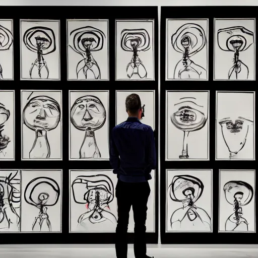 Prompt: art curator looking bored at paintings of a screen with a chat interface, recursive, in the style of grand chamaco and stanley kubrick, inspired by die antwoord, photorealistic, epic, super technical, cinematic still