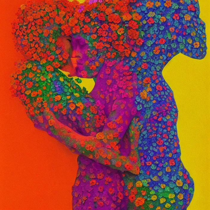 Image similar to portrait of women hugging made of colorful rainbow fractal flowers hugging Edward Hopper and James Gilleard, Zdzislaw Beksinski, highly detailed