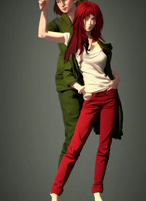 Image similar to 3D model of a full-body shot of an attractive tomboy girl with long, crimson red hair and red eyes, wearing a brown, open jacket and green jeans with a stern look, concept art, character design, by WLOP, by Ross Draws, by Tomine, by Satoshi Kon, by Rolf Armstrong, by Peter Andrew Jones