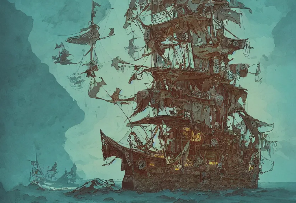 Prompt: handmade illustration of a pirate ship, line art!!, ink, watercolor by Kilian Eng and by Jake Parker, winning-award masterpiece, fantastic, octane render, 8K HD Resolution, High quality image