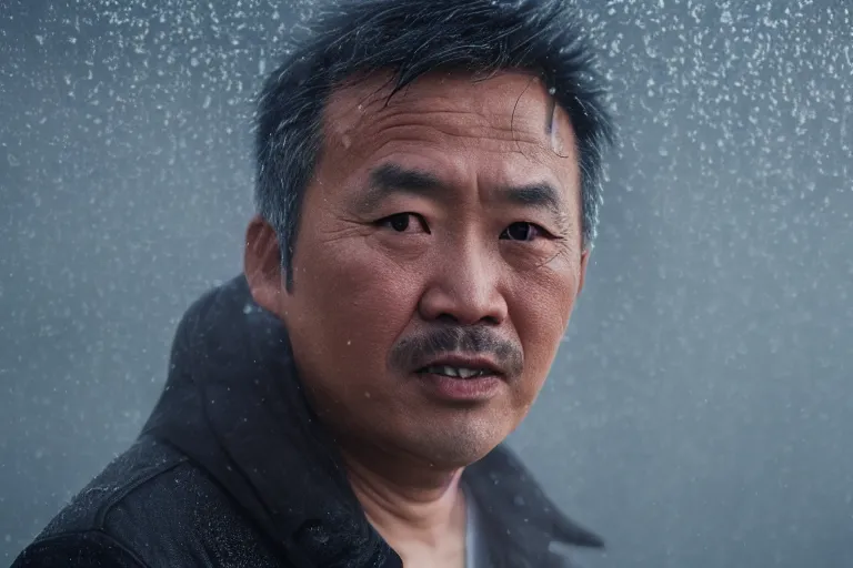 Prompt: a cinematic headshot portrait of a middle aged asian man, movie still, fog, ocean background, waves, rain, dramatic lighting, back light, hair light, rim light, 4 k, ultra realistic