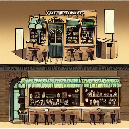 Prompt: an intricate concept art illustration of a coffee shop