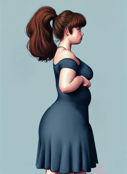 Image similar to full body portrait of teenage betty cooper, obese, bangs, ponytail, sultry, realistic, sultry smirk, ponytail hairstyle, fluffy bangs, curly bangs, skirt, fat, belly, intricate, elegant, highly detailed, digital painting, artstation, concept art, smooth, sharp focus, illustration, art by wlop, mars ravelo and greg rutkowski