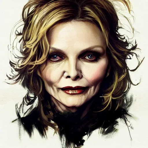 Image similar to michelle pfeiffer is the queen of the undead, portrait painting, medium shot, asymmetrical, profile picture, organic painting, sunny day, matte painting, bold shapes, hard edges, street art, trending on artstation, by huang guangjian, m and gil elvgren and sachin teng