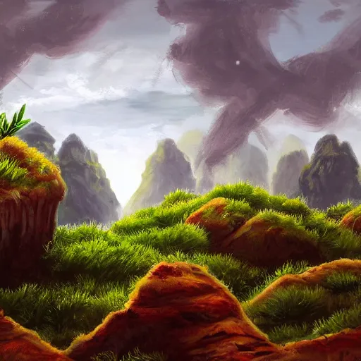 Image similar to painting of a lush natural scene on an alien planet featured on deviantart. beautiful landscape. weird vegetation. cliffs and water.