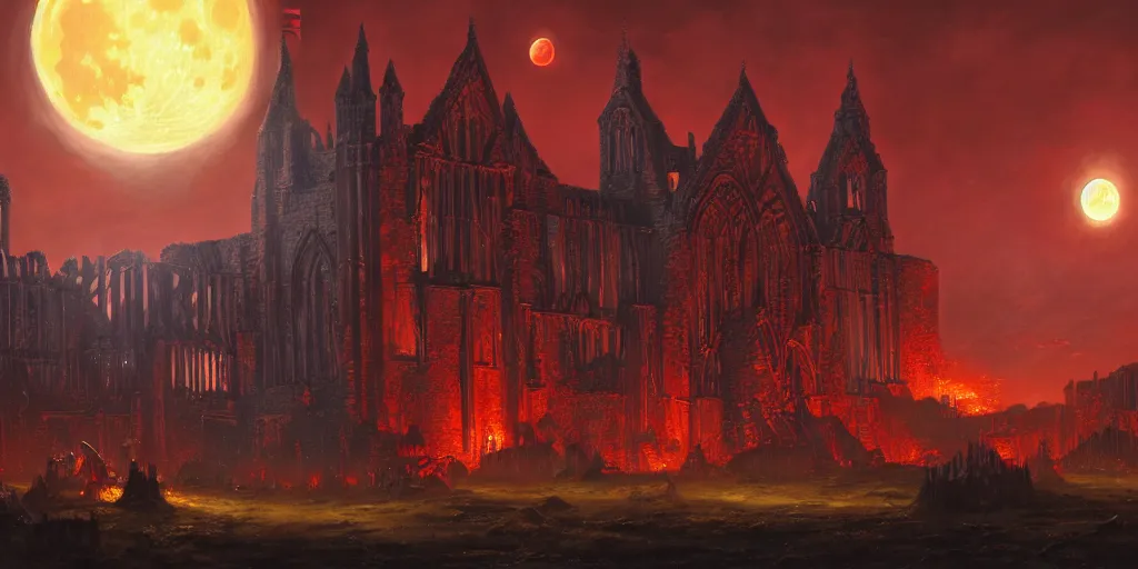 Prompt: highly detailed portrait painting of ancient abbey warhammer battle, old abbey in the background, full red moon, by eddie mendoza and tyler edlin, 8 k resolution