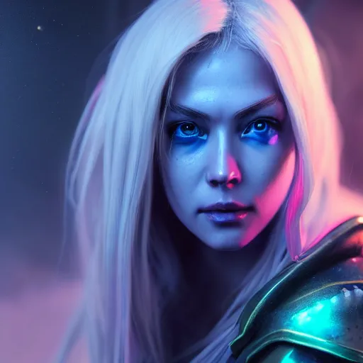 Image similar to ( ( ( ( ( hyperrealist distant portrait of sylvanas windrunner on a blue planet where it rains colors. ) ) ) ) ) by bayard wu, fantasy, photorealistic, octane render, unreal engine, dynamic lighting, trending on artstation, poster, volumetric lighting, very detailed faces, 4 k, award winning