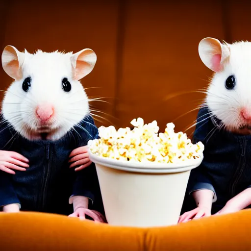 Image similar to photo of two hamsters, bucket of popcorn next to them on a cinema seat, various poses, unedited, dim light, sharp focus, 8 k