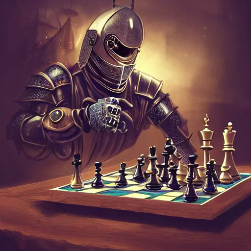 Prompt: knight playing chess, steampunk, high detail, digital art, smooth, featured on artstation