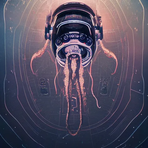 Image similar to portrait of a squid monster astronaut. full body portrait, intricate abstract. cyberpunk, intricate artwork. neon eyes, by Tooth Wu, wlop, beeple. octane render, trending on artstation, greg rutkowski very coherent symmetrical artwork. cinematic, hyper realism, high detail, octane render, 8k, minimalistic, hyperrealistic surrealism, award winning masterpiece with incredible details, a surreal vaporwave liminal space, highly detailed, trending on ArtStation