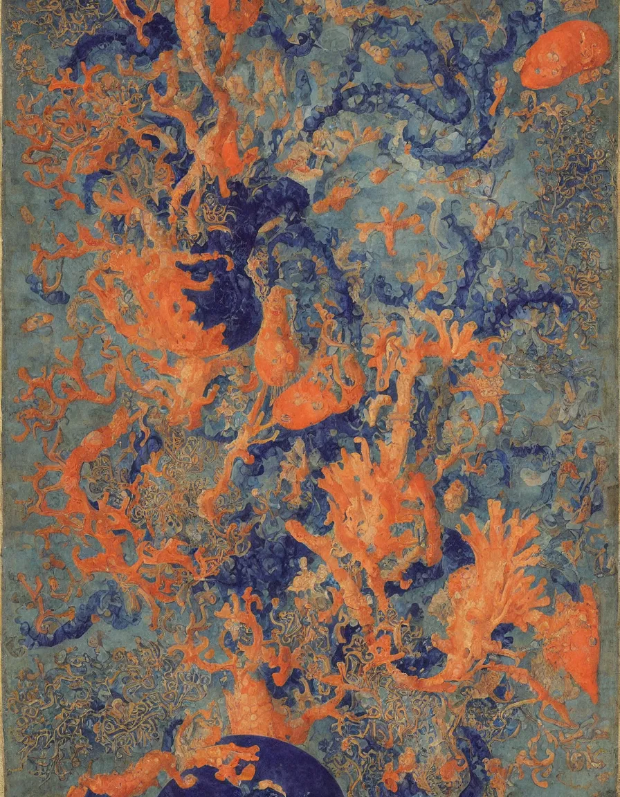 Image similar to Ming vase of coral under the sea decorated with a dense field of stylized scrolls that have opaque outlines enclosing mottled blue washes, with orange shells and purple fishes, Ambrosius Bosschaert the Elder, oil on canvas, around the edges there are no objects