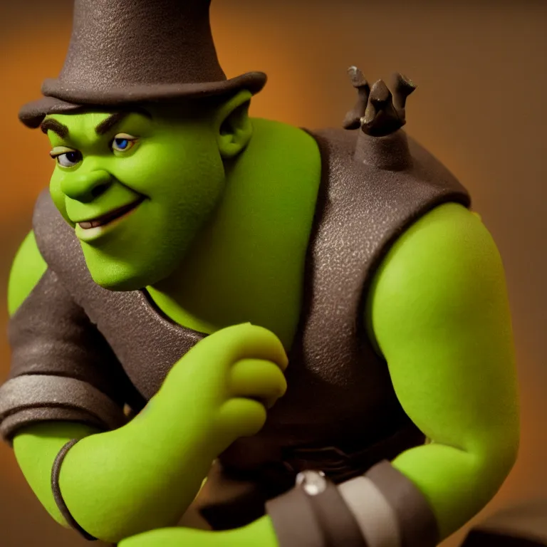 Image similar to a cinematic film still of a claymation stop motion film shrek, portrait, shallow depth of field, 8 0 mm, f 1. 8