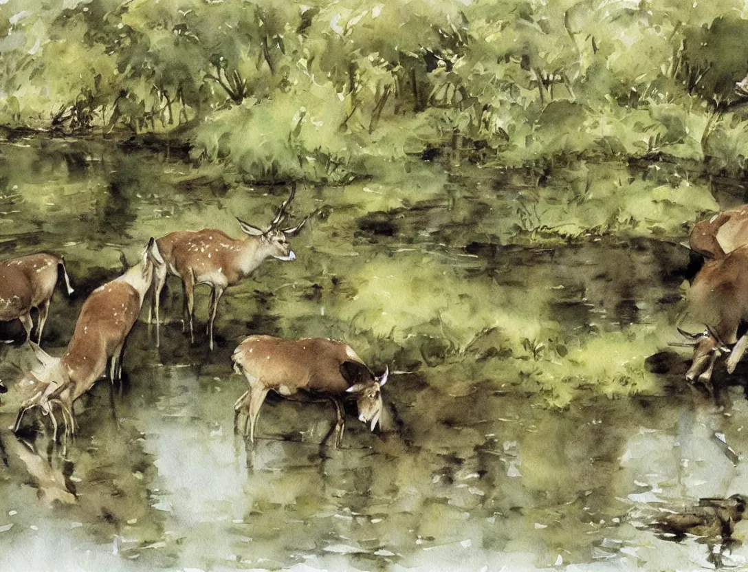 Prompt: watercolor by anders zorn, deer drinking water by pond, realistic nature art