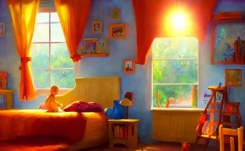 Prompt: happy morning and the rays of the morning sun shining through the window of kid's room in the village house clear sky, warm colors, happy mood, oil painting, high detail, trending on artstation