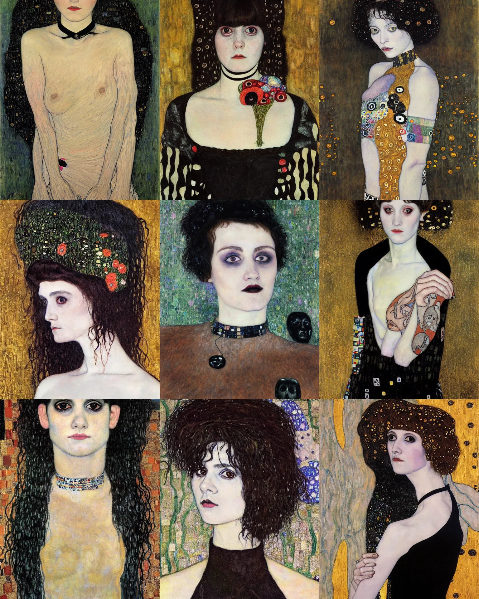 Prompt: A goth portrait painted by Gustav Klimt. Her hair is naturally dark brown and cut into a short, messy pixie cut. She has a slightly rounded face, with a pointed chin, large entirely-black eyes, and a small nose. She is wearing a black tank top, a black leather jacket, a black knee-length skirt, a black choker, and black leather boots.