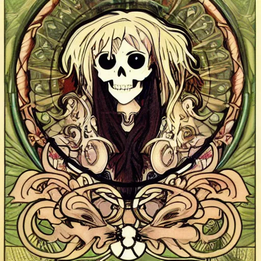 Image similar to anime manga skull portrait angel angelic cartoon skeleton illustration style by Alphonse Mucha pop art nouveau