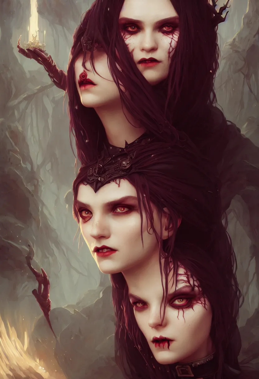 Image similar to beautiful very extreme closeup portrait, one vampire girl, medieval dress. witch, makeup. unreal engine, greg rutkowski, loish, rhads, beeple, tom bagshaw, alphonse mucha, global illumination, detailed and intricate environment