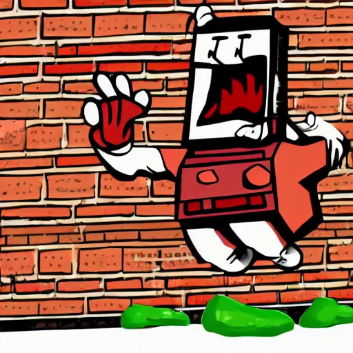 Prompt: an anthropomorphized block of tofu busting through a brick wall, cartoon style, inspired by the kool aid man